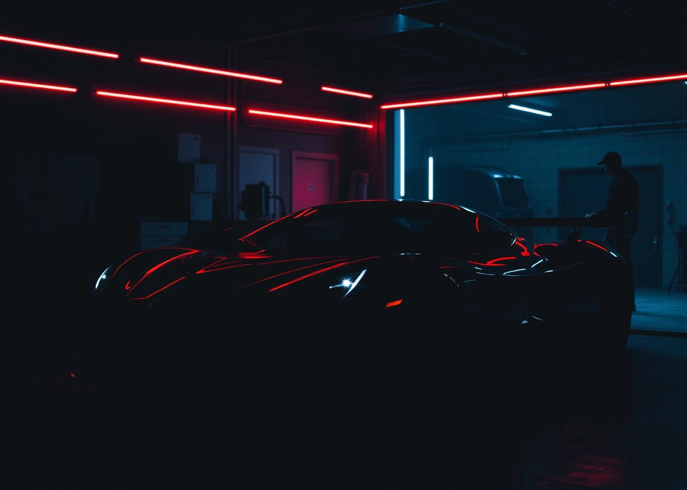 Luxury car in a modern garage bay with red accent lighting