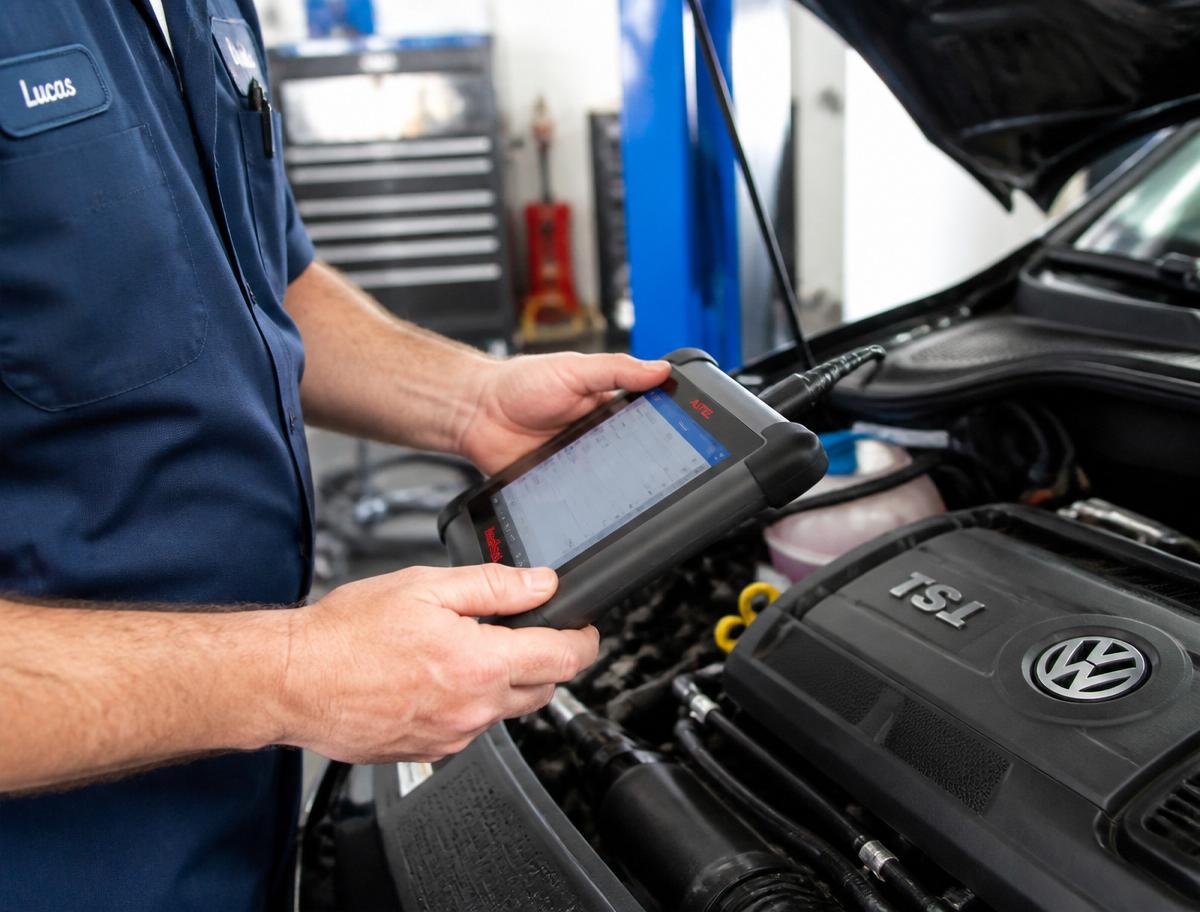Technician running engine diagnostics