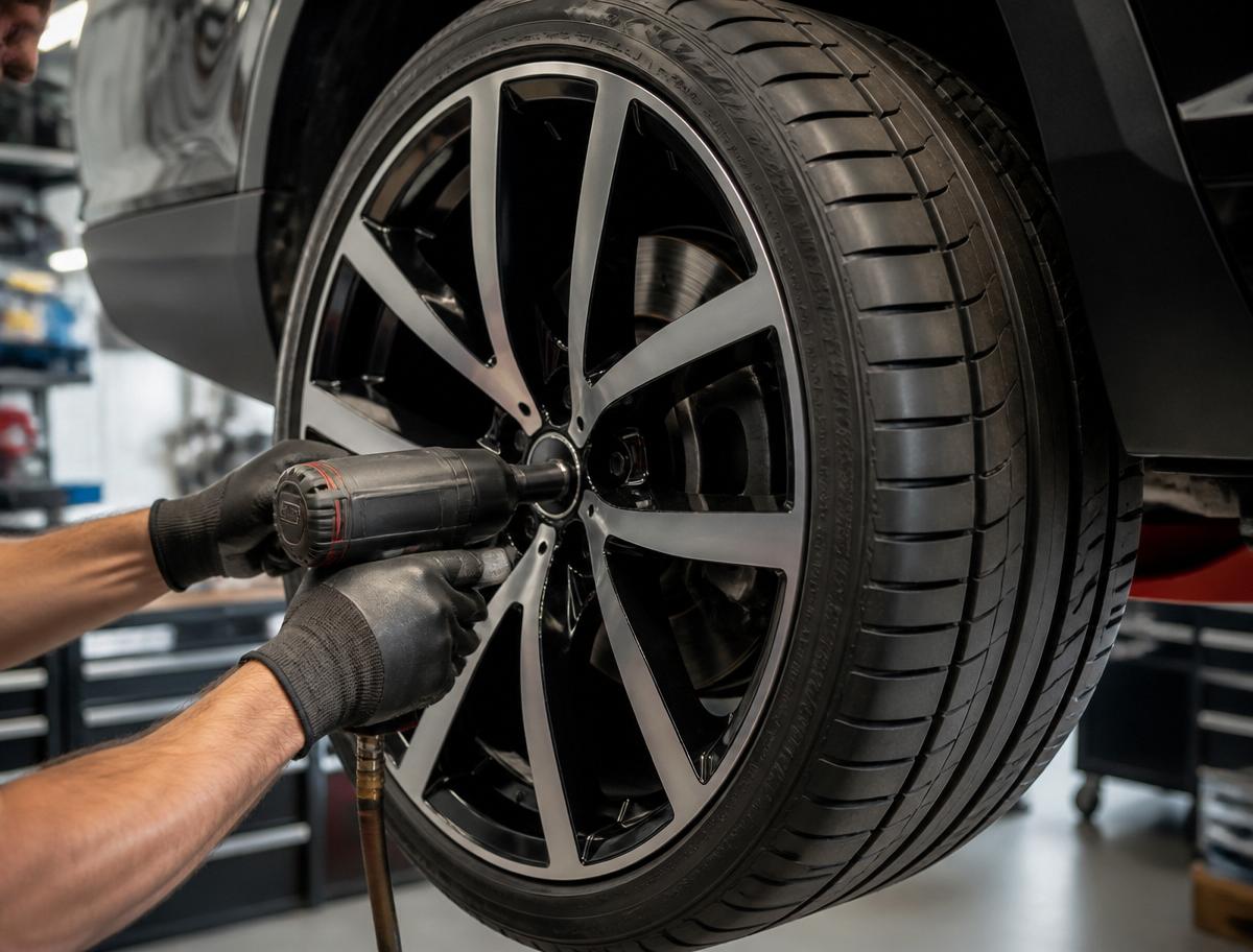 Technician fitting a premium wheel